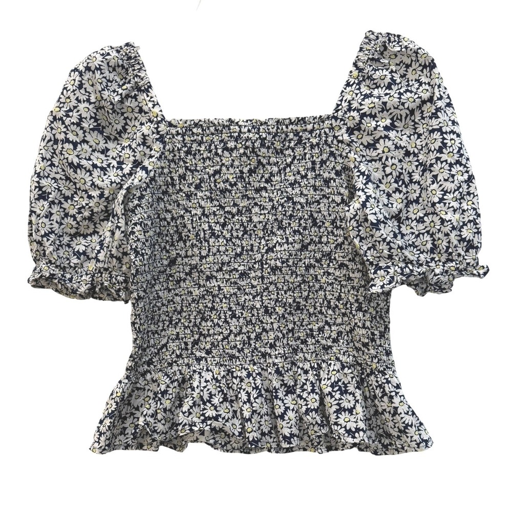 J.Crew Smocked Peplum Top Women's XS Navy Blue Daisy Floral Puff Sleeve Blouse - Picture 2 of 9